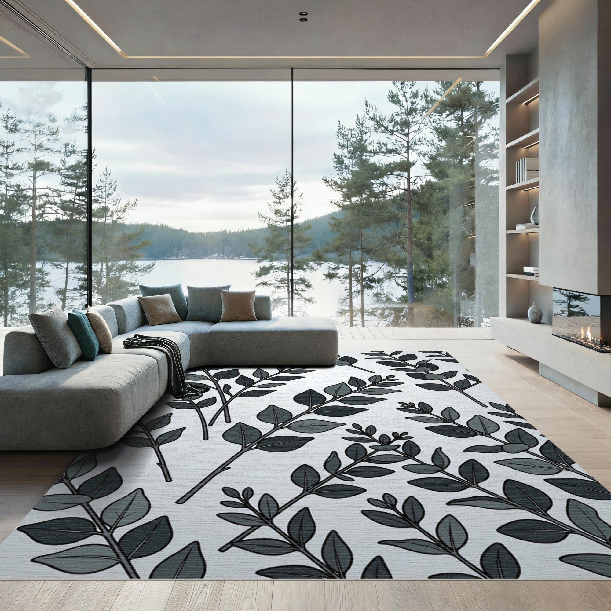 Dark Gray Leaf Branch Composition Rug