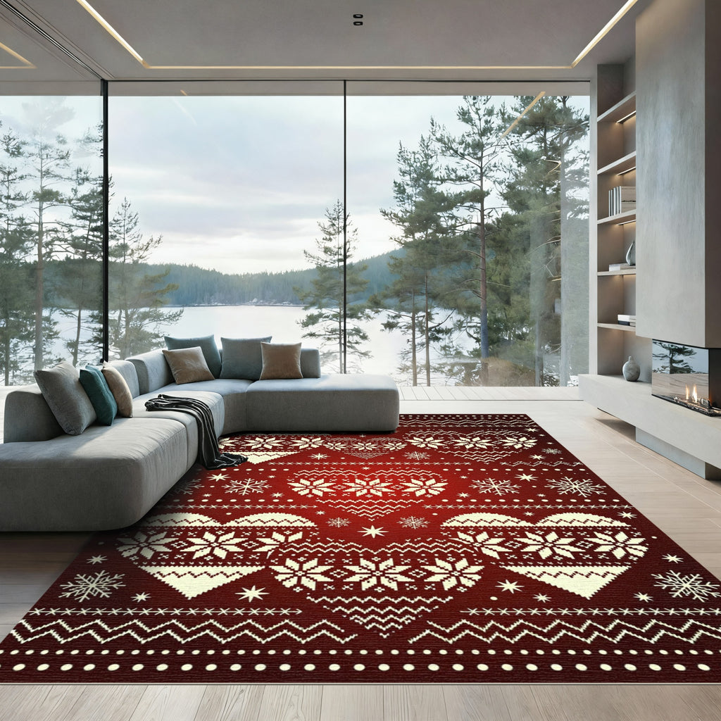 Red Nordic Heart Snowflake Fair Isle Rug