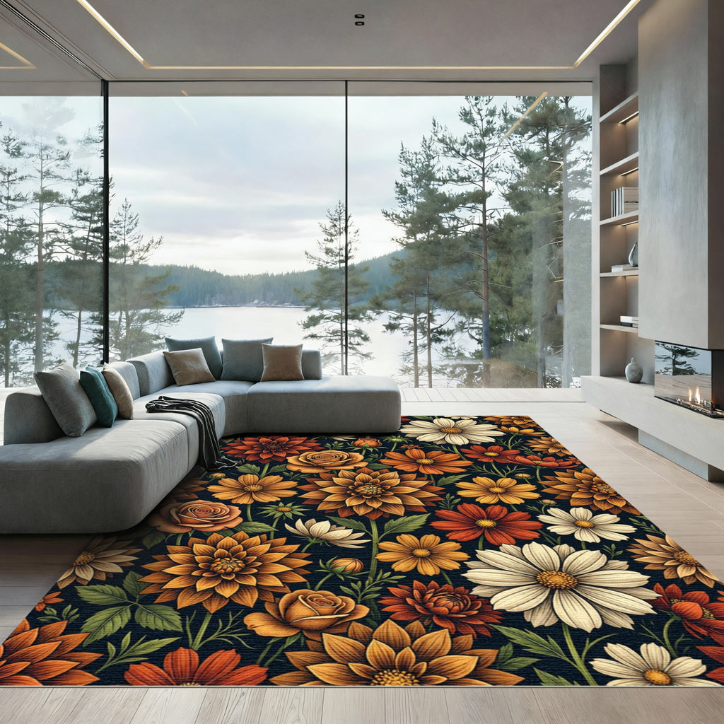 Autumnal Floral Dahlia and Daisy Meadow Rug