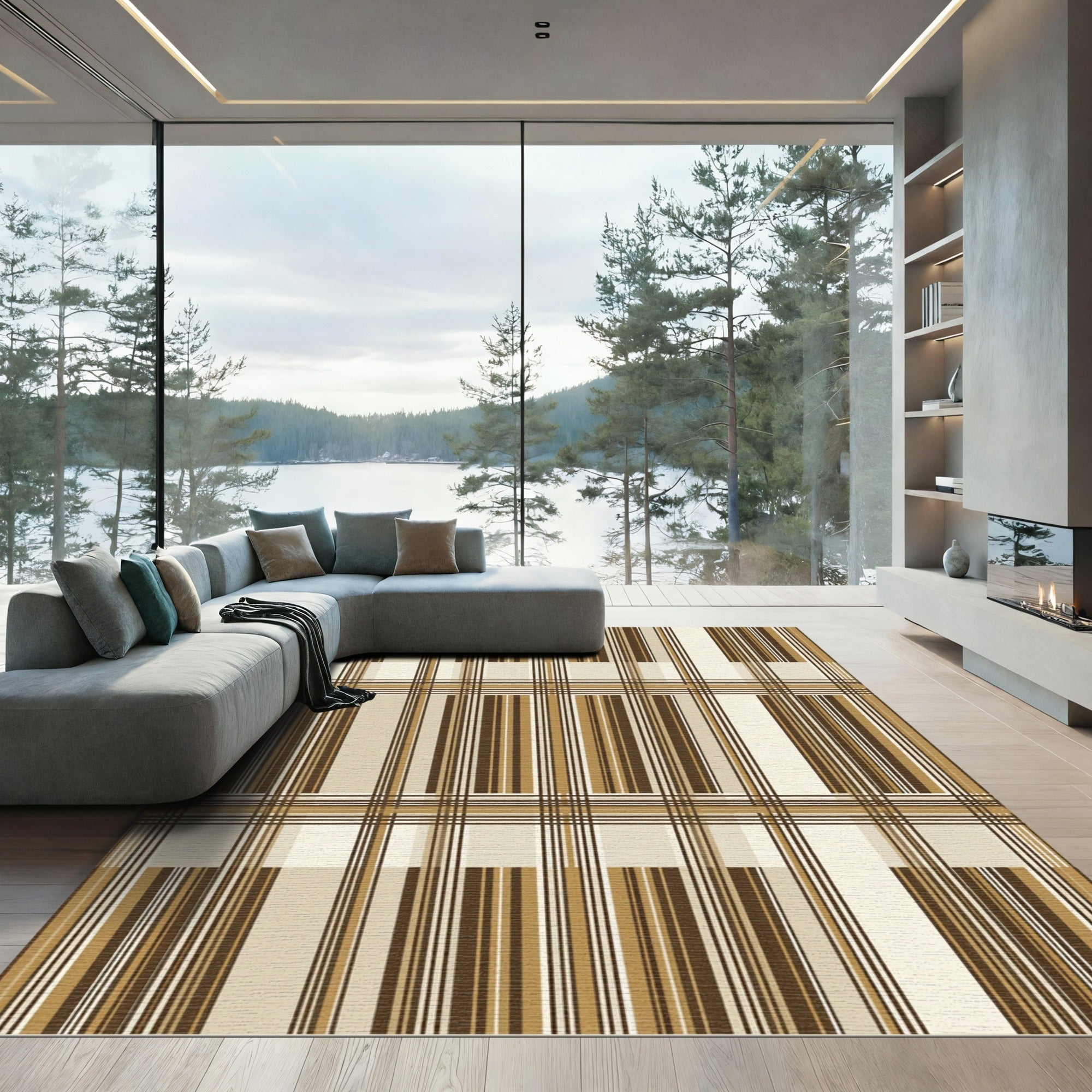 Modern Earth Tone Plaid Grid Rug