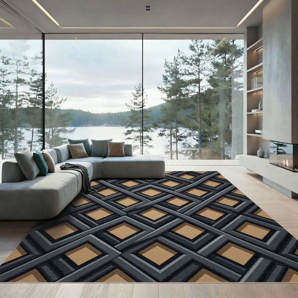 Modern Charcoal Geometric Intersecting Diamond Rug
