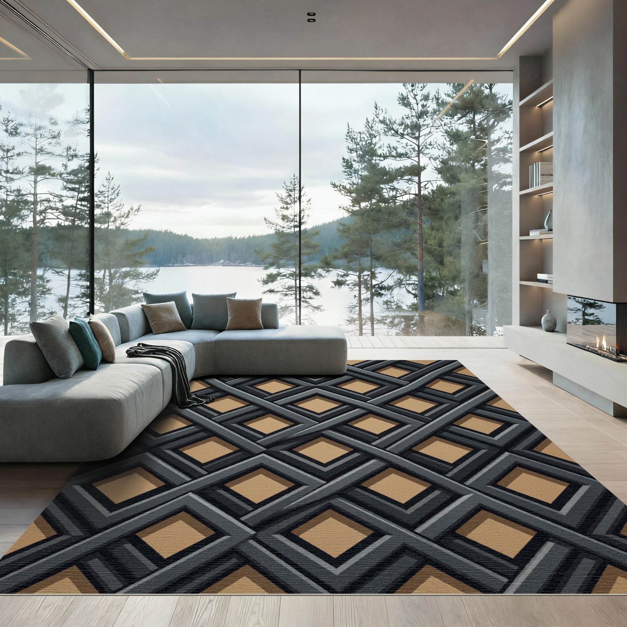 Modern Charcoal Geometric Intersecting Diamond Rug