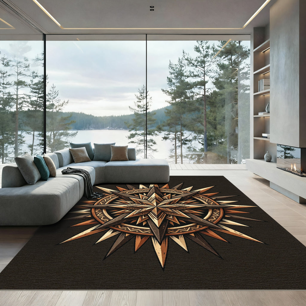 Earthy Bronze Geometric Sunburst Medallion Rug