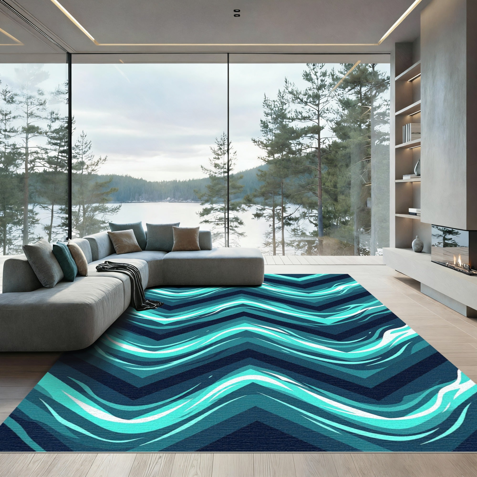 Modern Teal Chevron Wave Rug