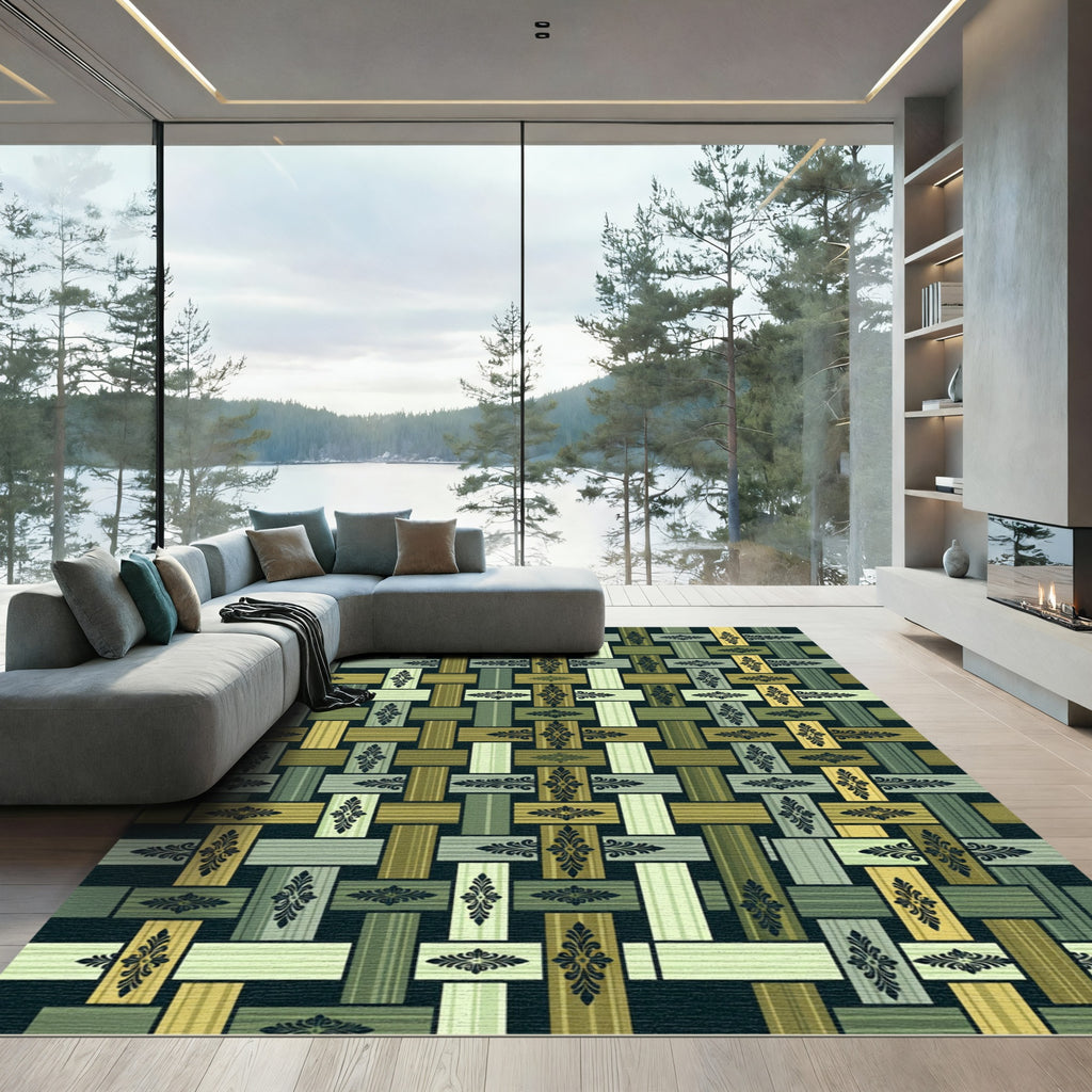 Olive Green Woven Damask Lattice Rug