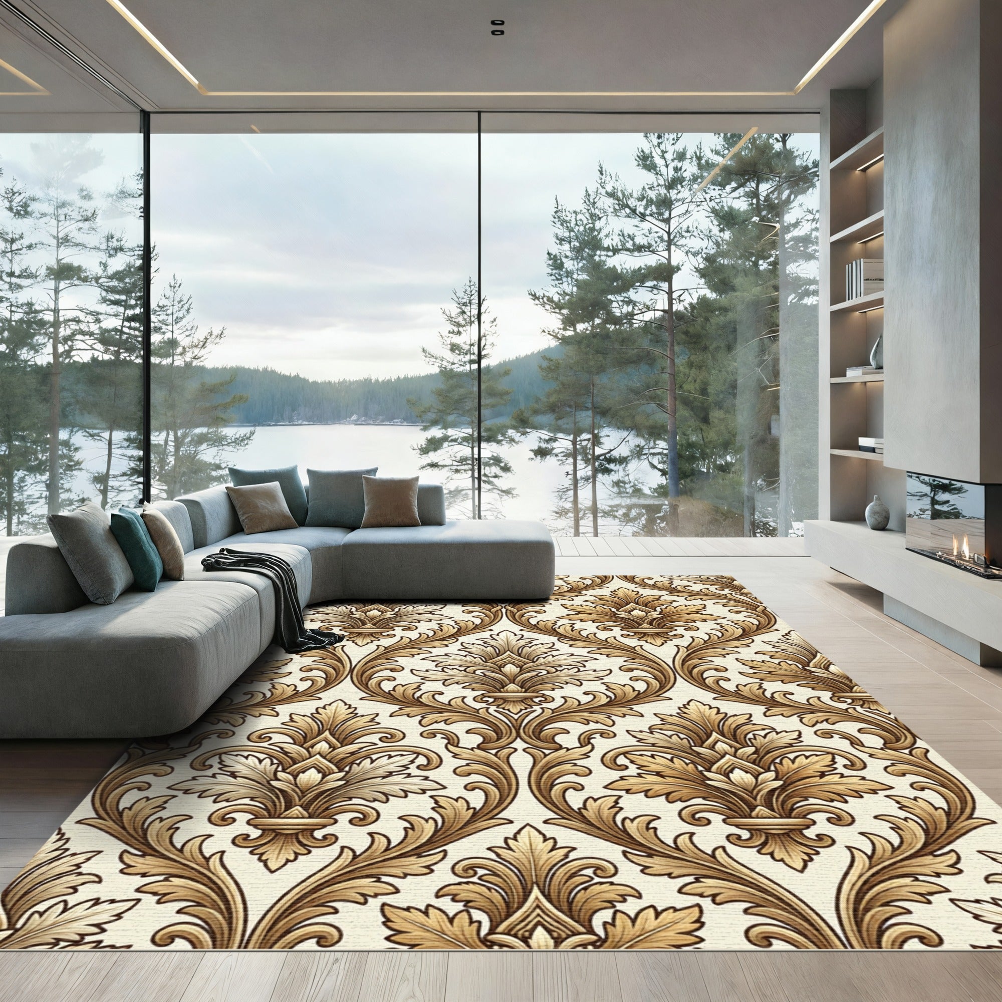 Golden Rococo Baroque Floral Damask Rug