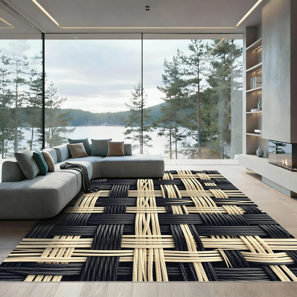 Monochrome Woven Black and Ivory Grid Rug