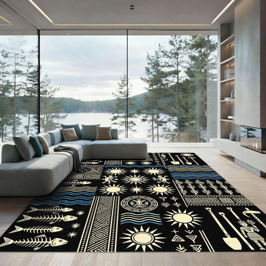 Tribal Sun Fish Wave Imagery Rug