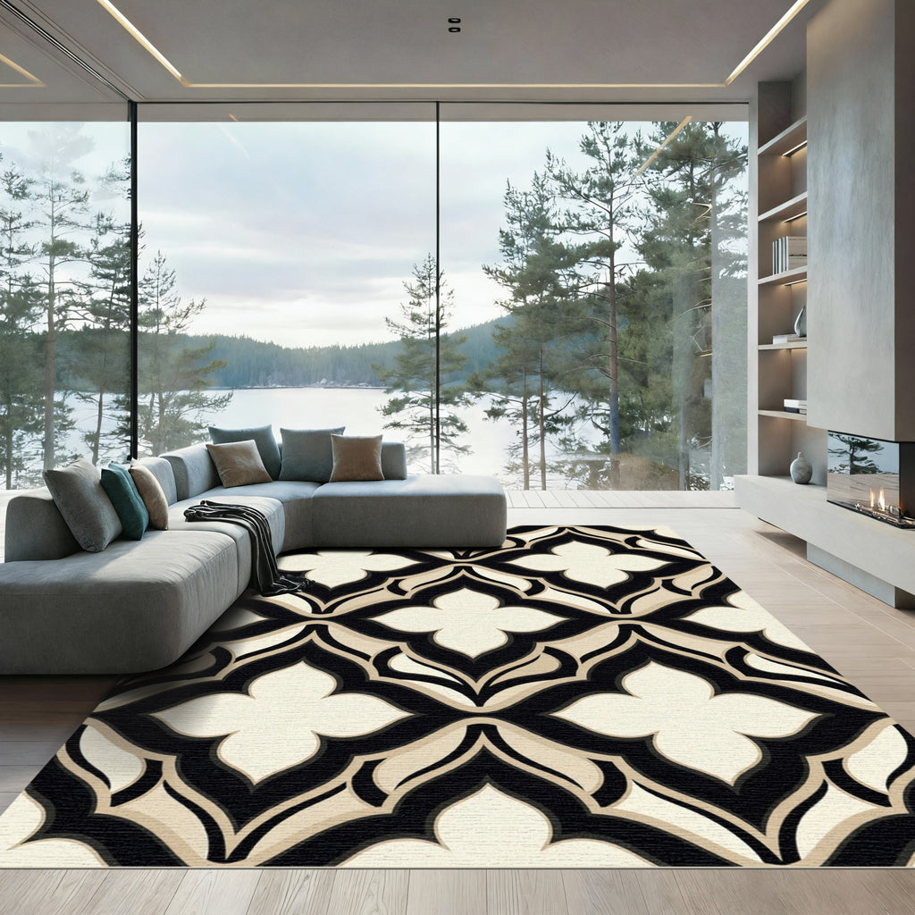 Sophisticated Black and Beige Quatrefoil Rug