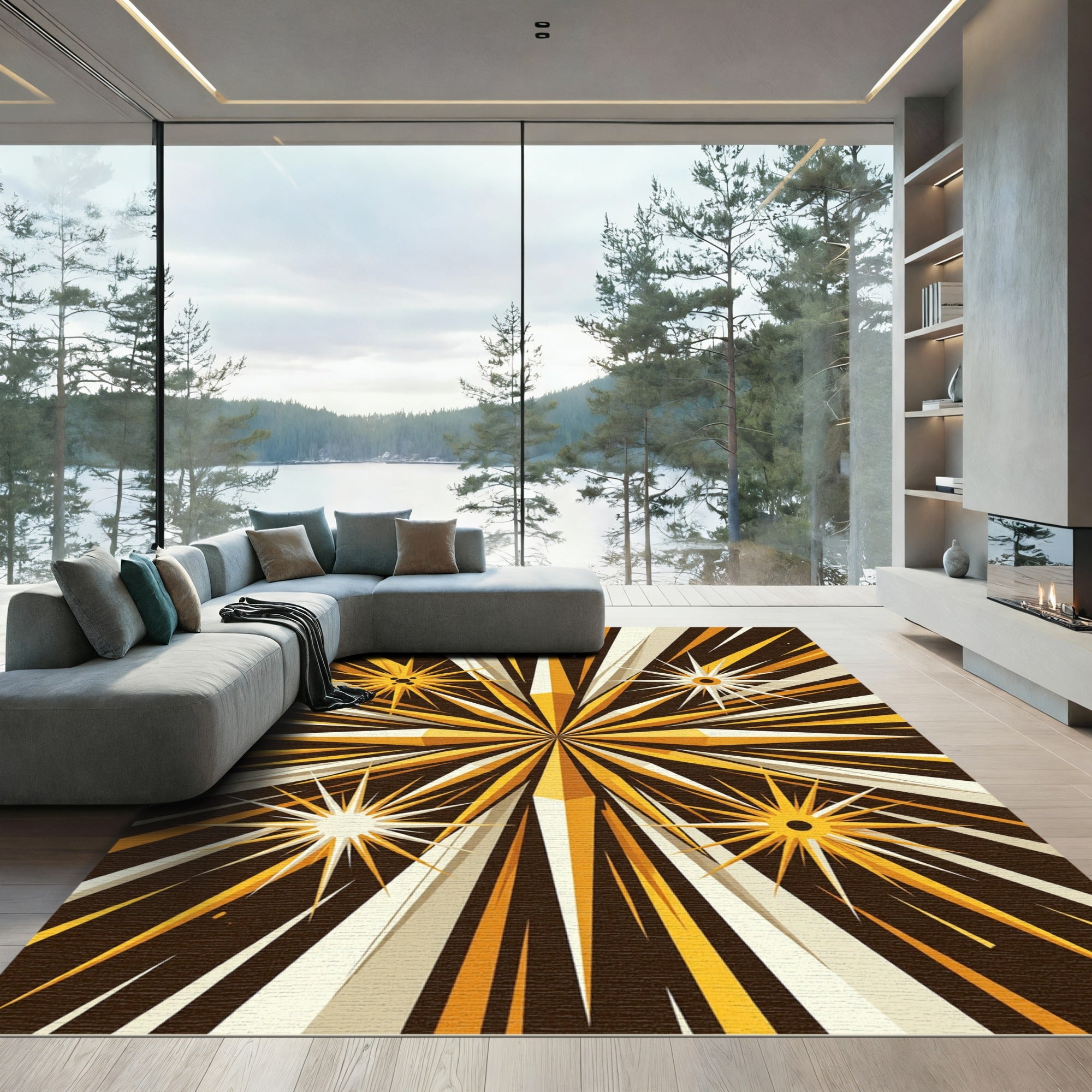 Radiant Golden Starburst Geometric Accents Rug