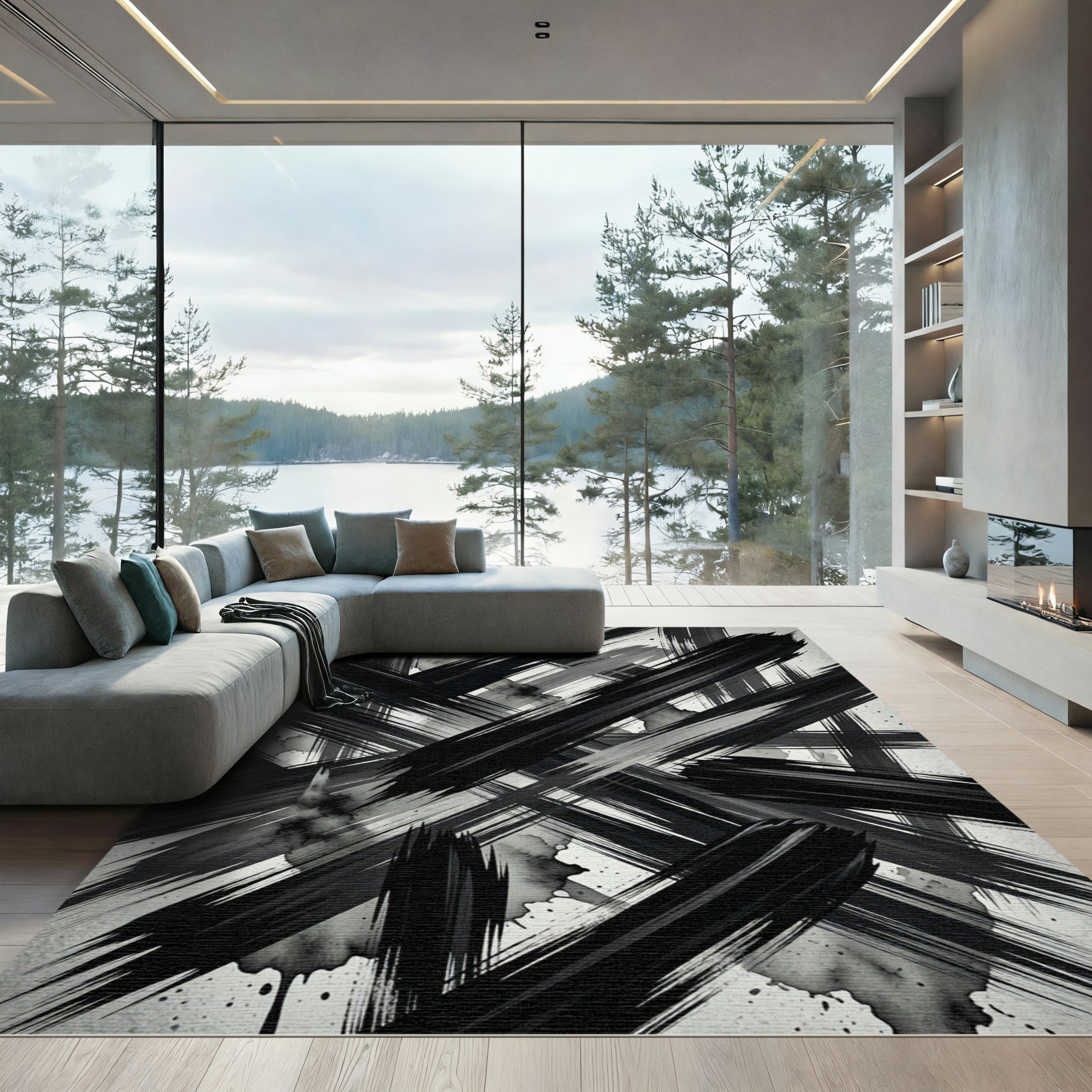 Monochrome Abstract Ink Stroke Rug