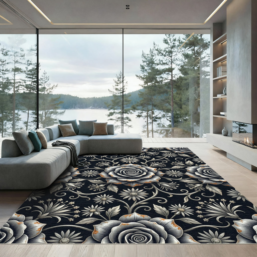 Ethereal Silver Rose Floral Botanical Rug
