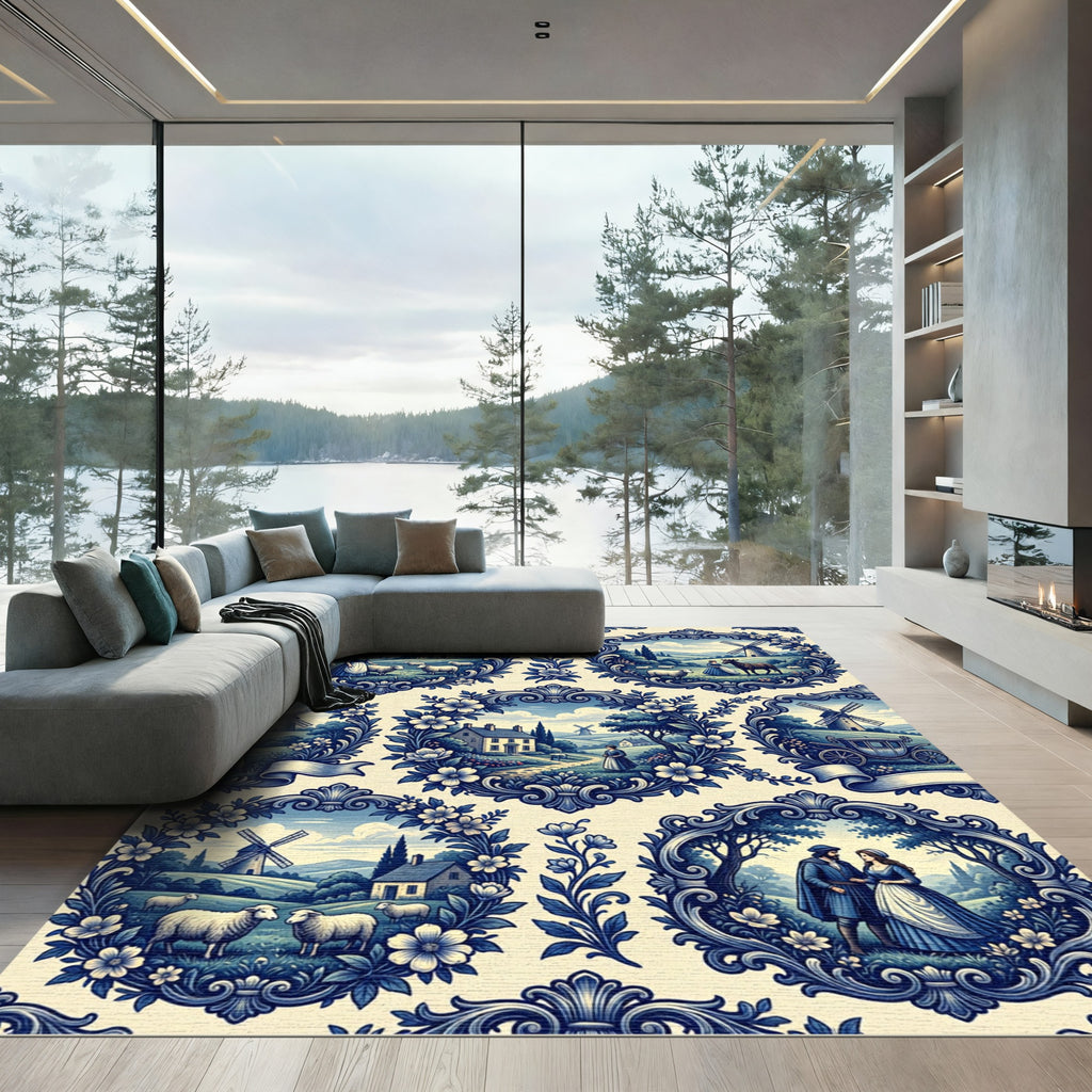 Indigo Scenic Scrollwork Farm Scene Rug