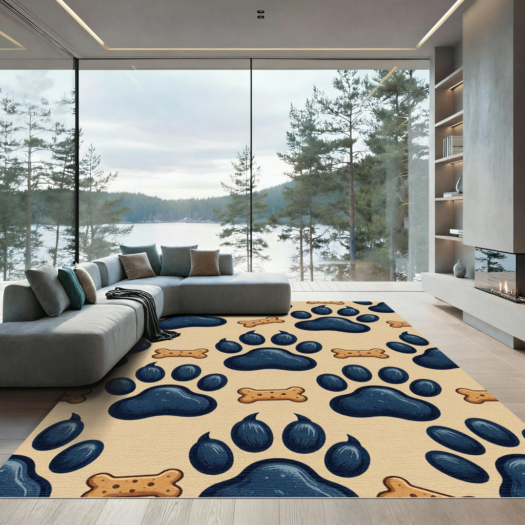 Playful Blue Paw and Bone Illustration Rug