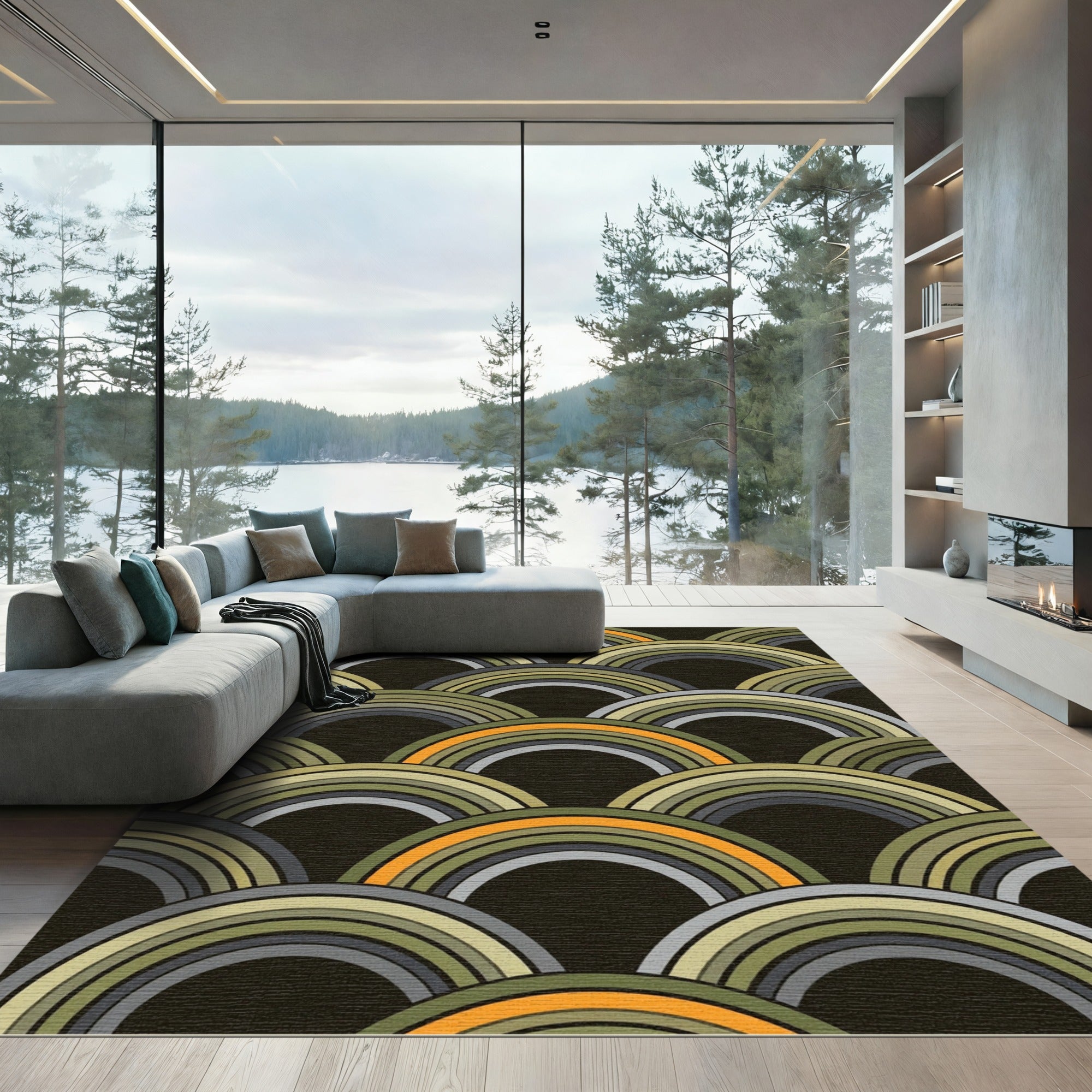 Retro Olive and Golden Arc Medallion Rug