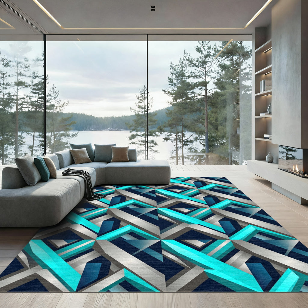 Geometric Teal Silver Abstract Sculpture Rug