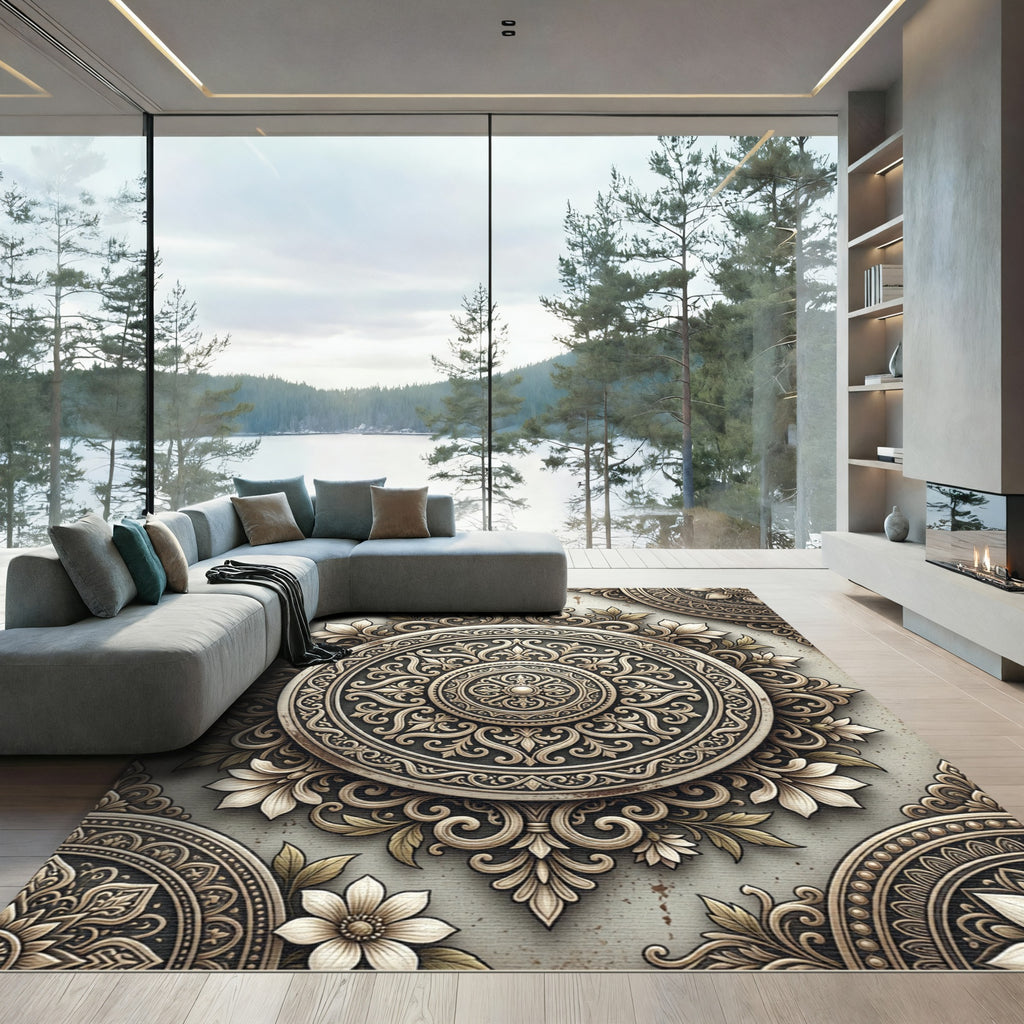 Vintage cream ornate floral medallion Rug