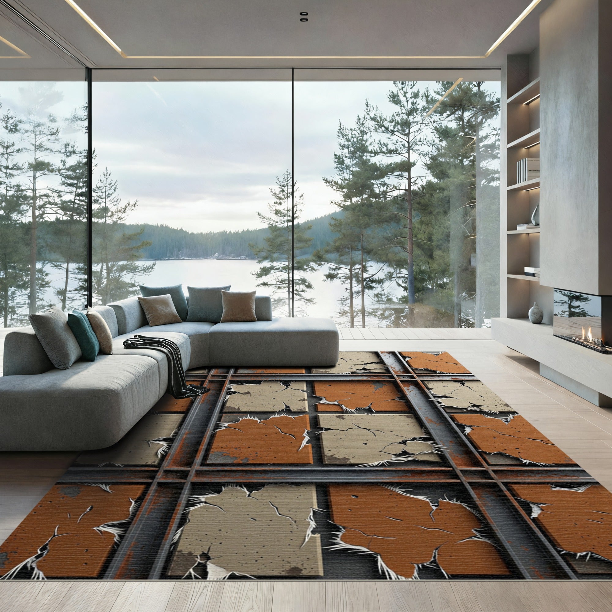 Rustic Cracked Earth Texture Tiles Rug