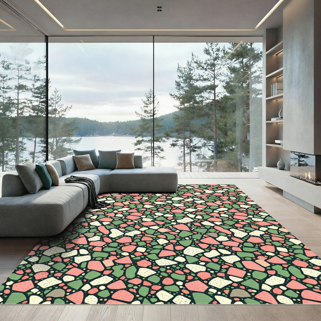 Modern Terrazzo Green and Coral Mosaic Rug