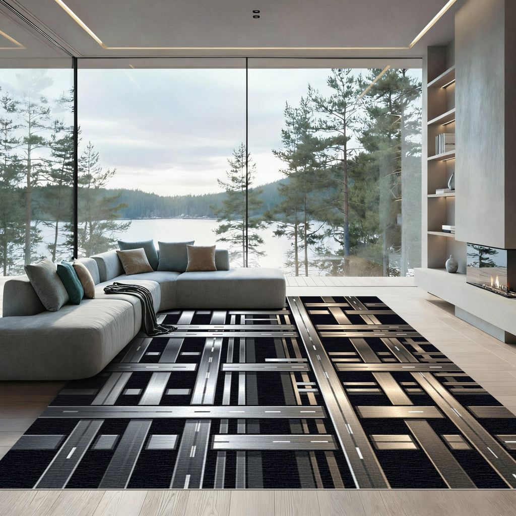 Metallic Silver and Bronze Grid Intersection Rug