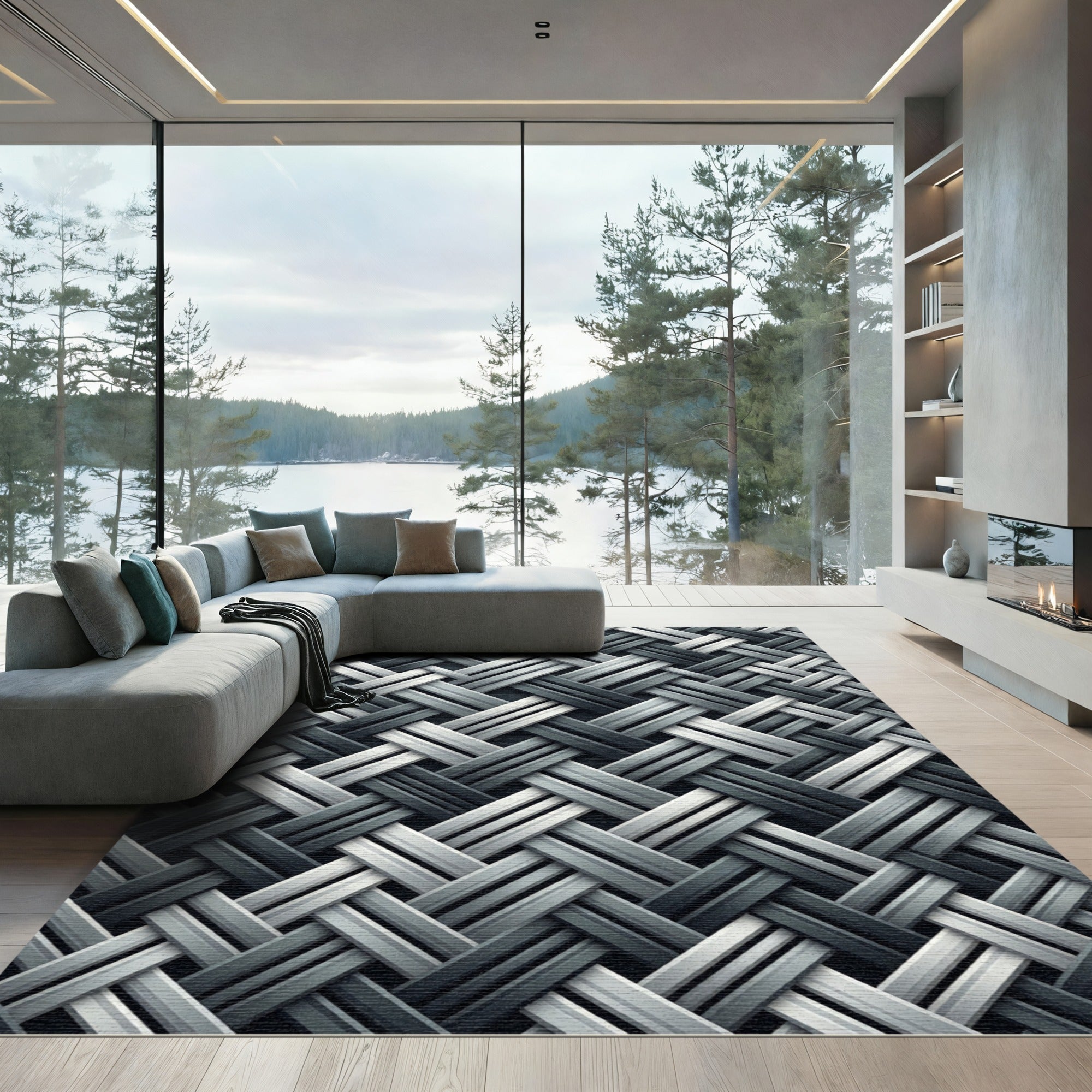 Monochrome Interlocking Geometric Woven Texture Rug