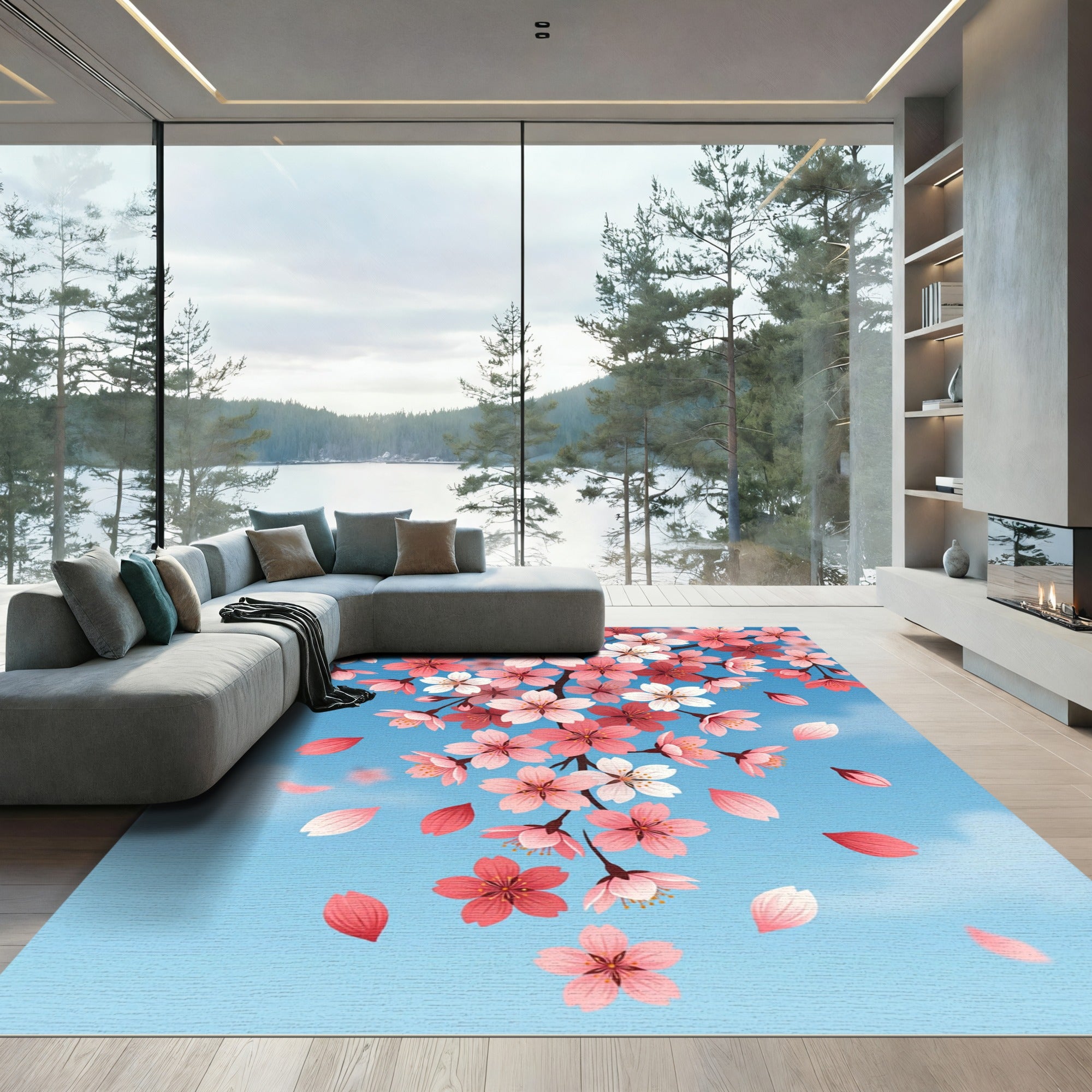 Pink Cherry Blossom Branch Floral Rug