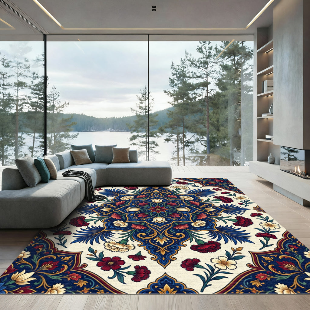 Elegant Crimson Navy Floral Medallion Rug