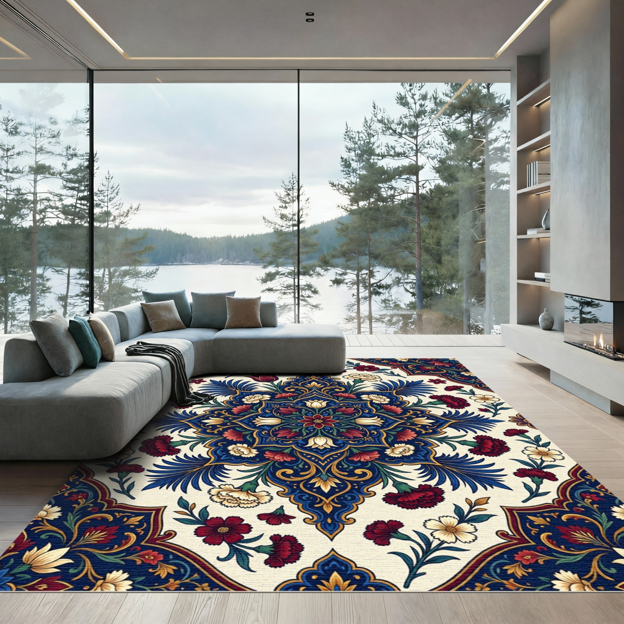 Elegant Crimson Navy Floral Medallion Rug