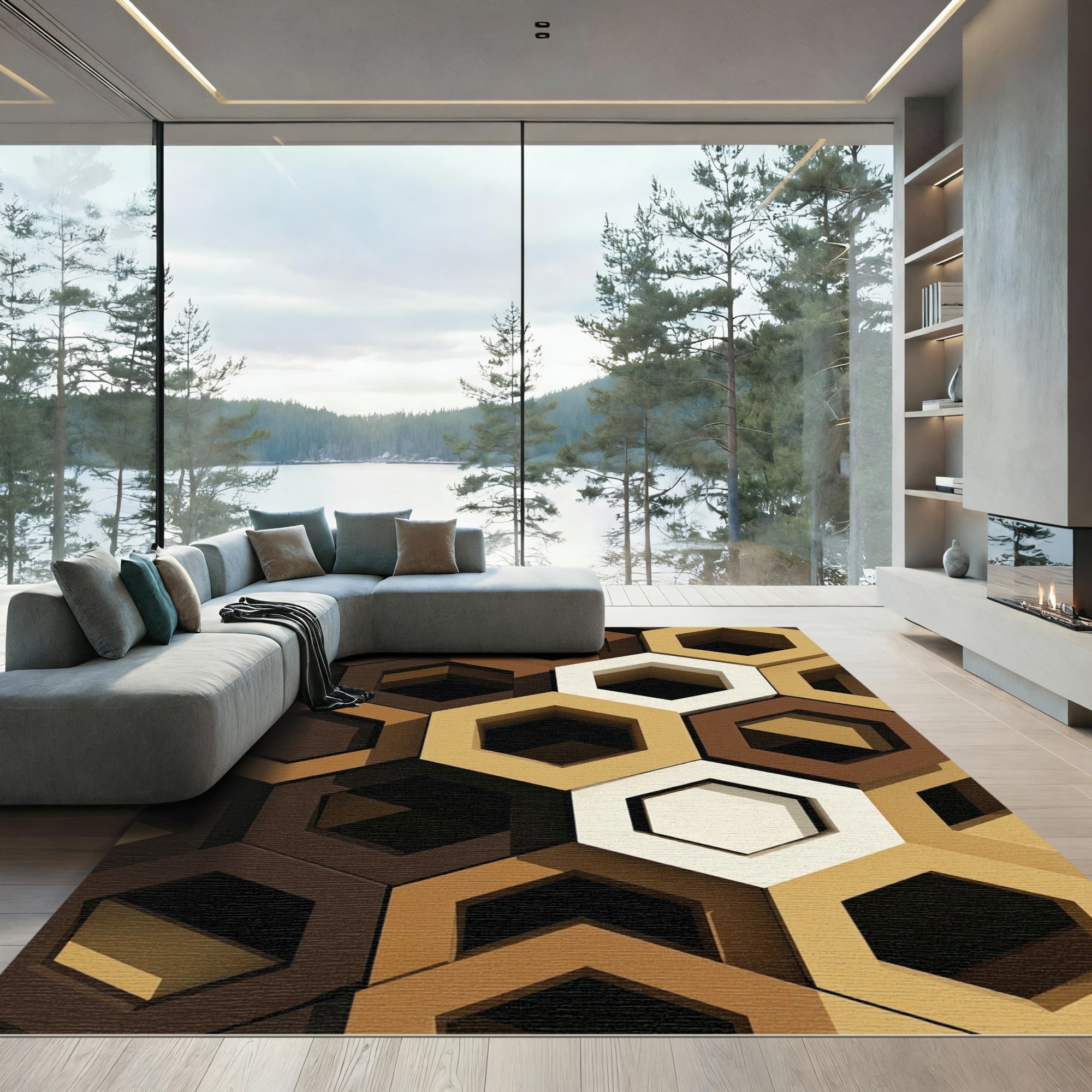 Brown Gold White Hexagonal Relief Rug