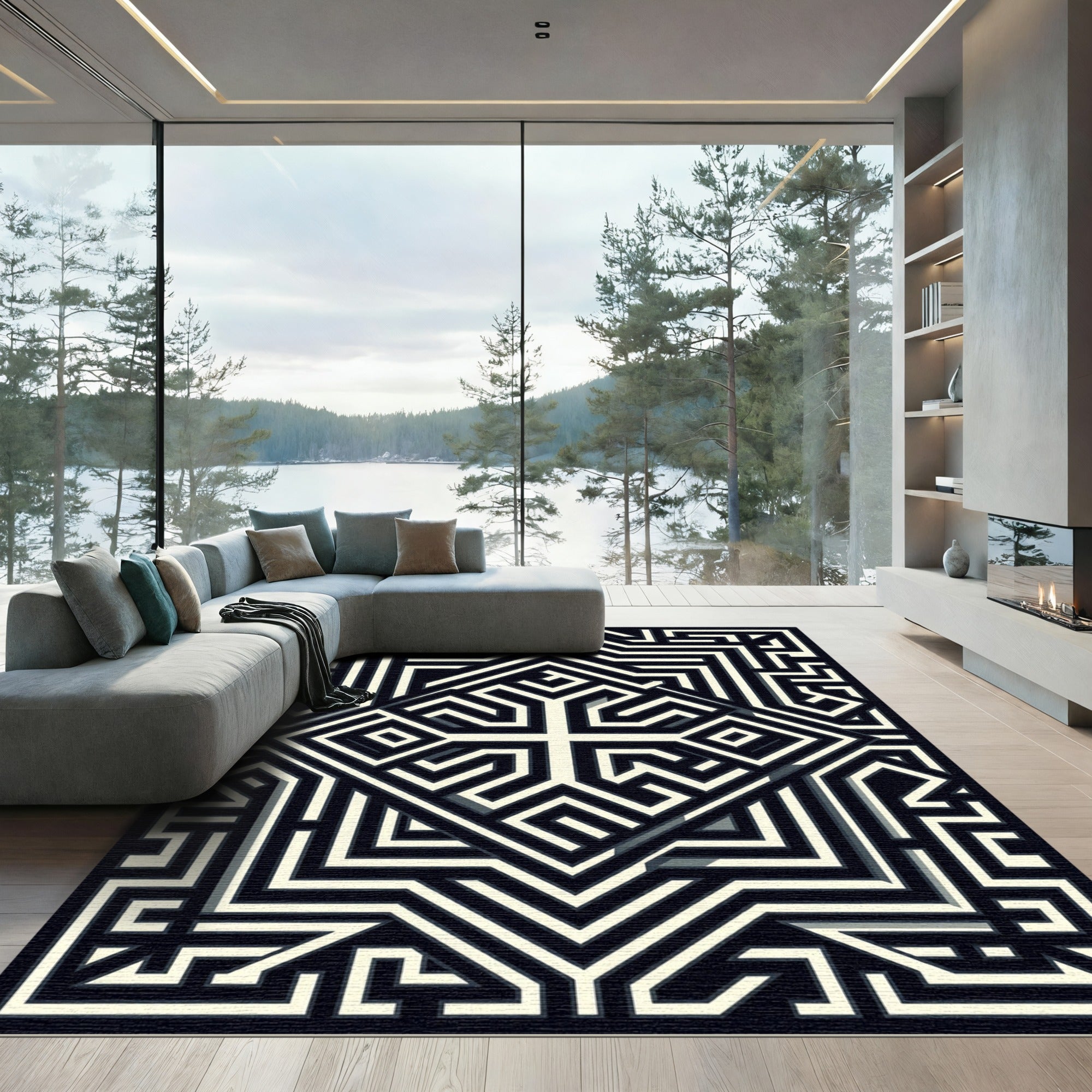 Monochromatic Geometric Maze Composition Rug