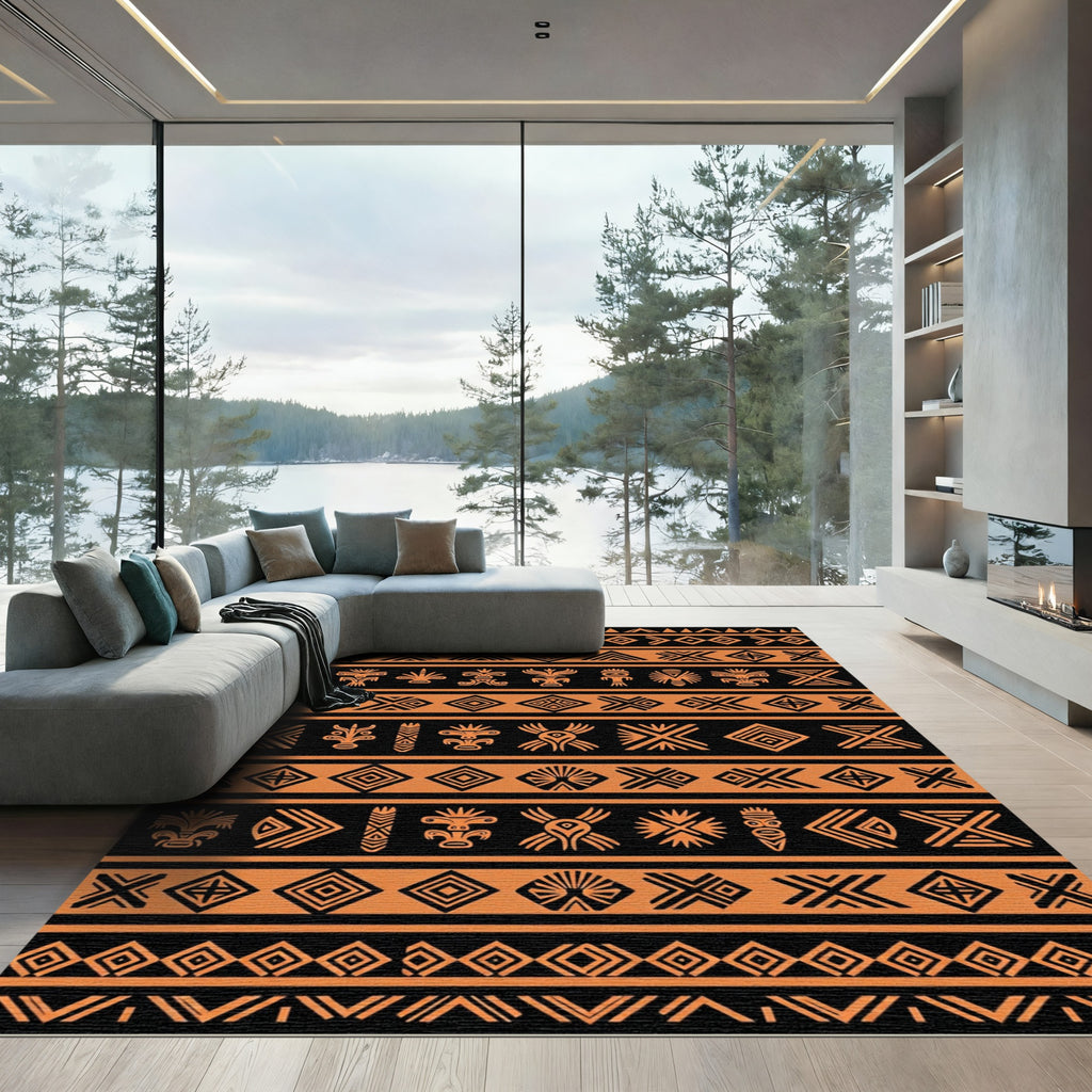 Bold Ochre Tribal Geometric Tile Rug