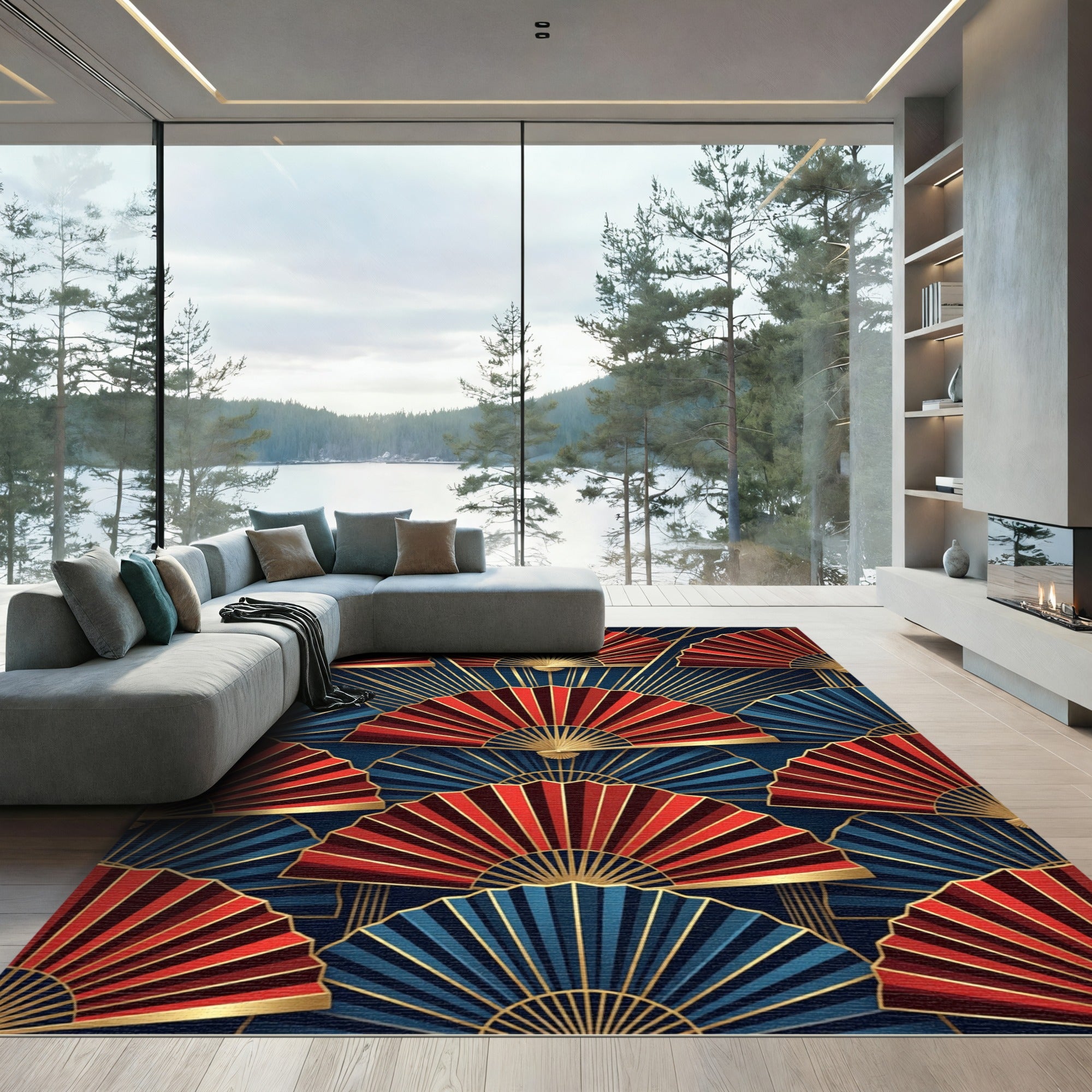 Art Deco Crimson and Midnight Fan Rug