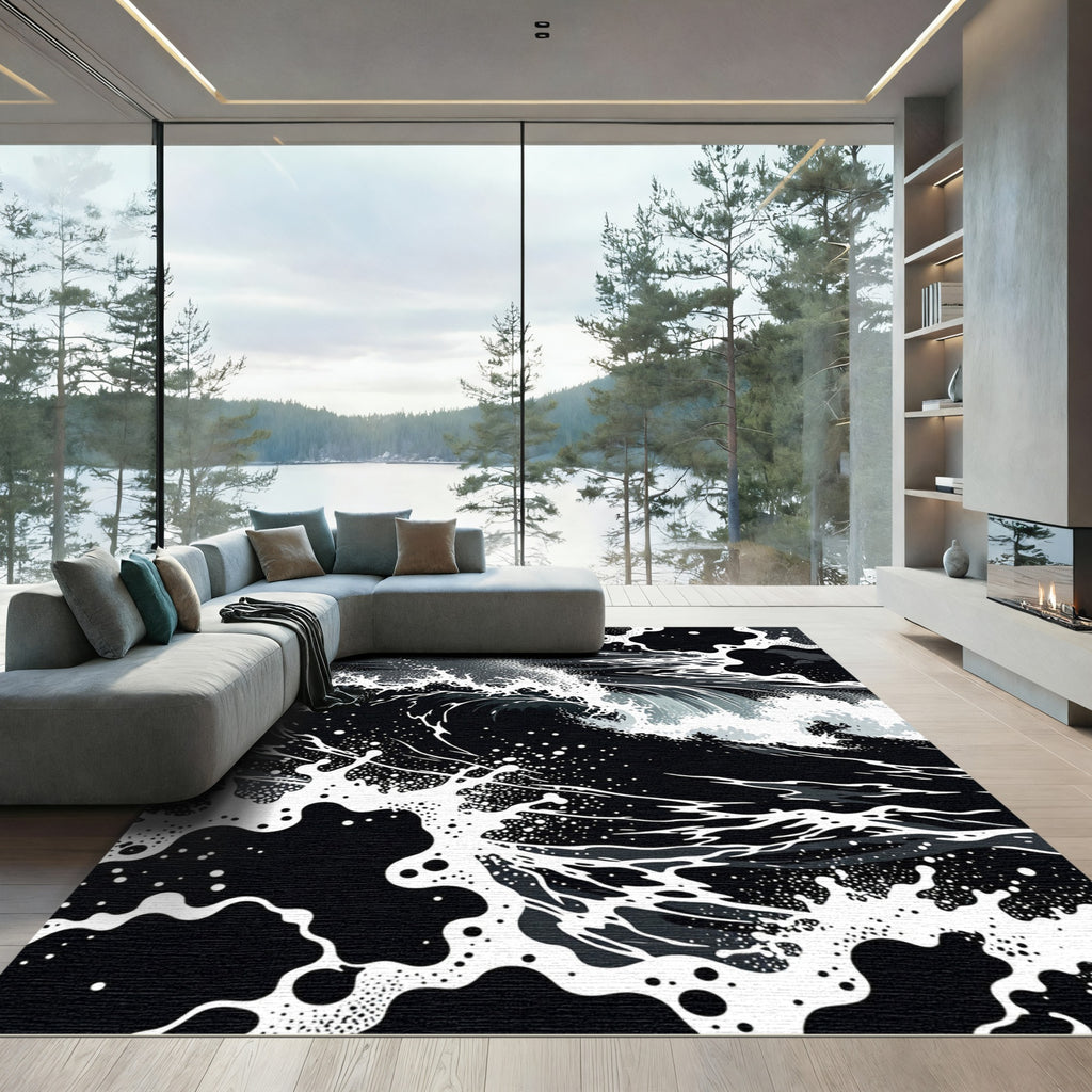 Dramatic Black White Ocean Waves Rug