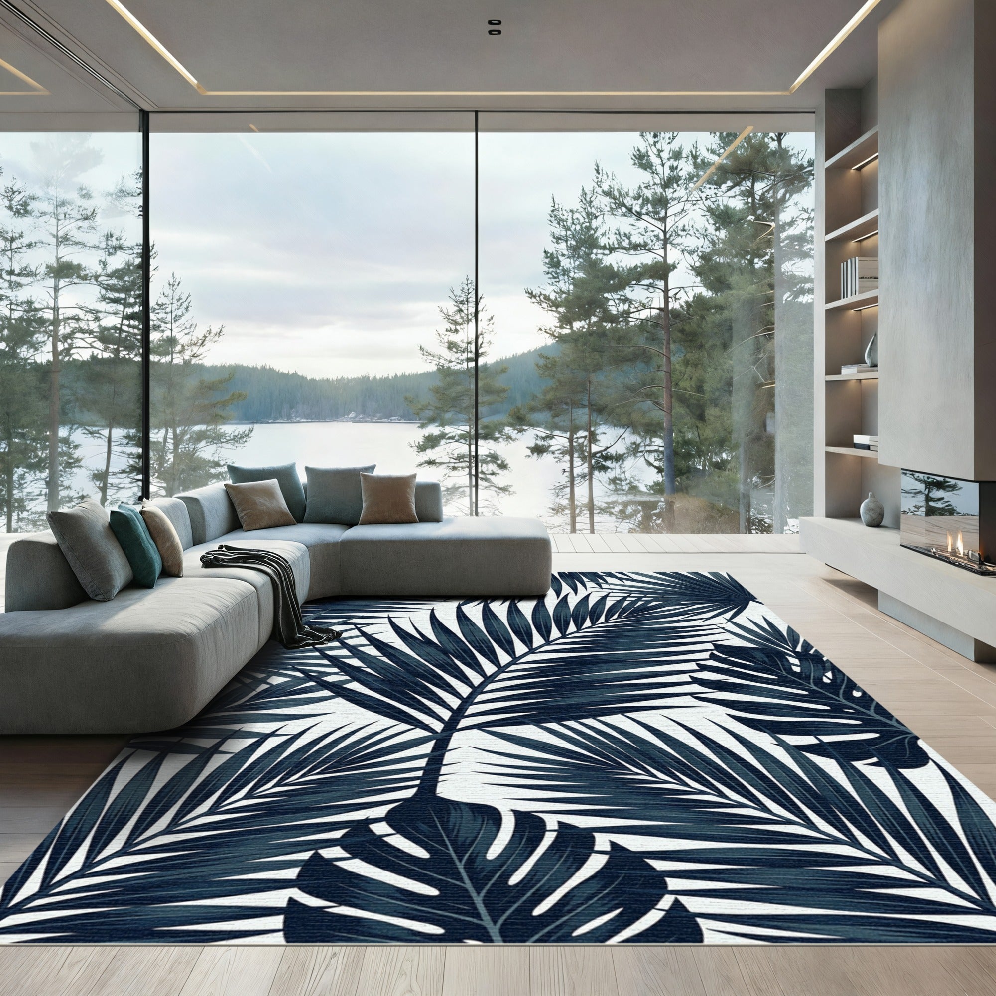 Midnight Blue Tropical Leaf Arrangement Rug