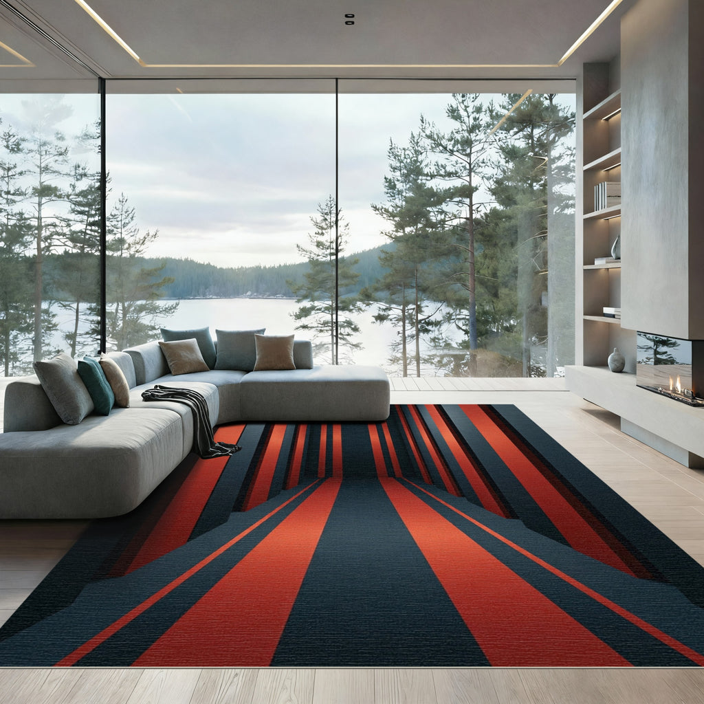 Modern Crimson Black Linear Corridor Rug