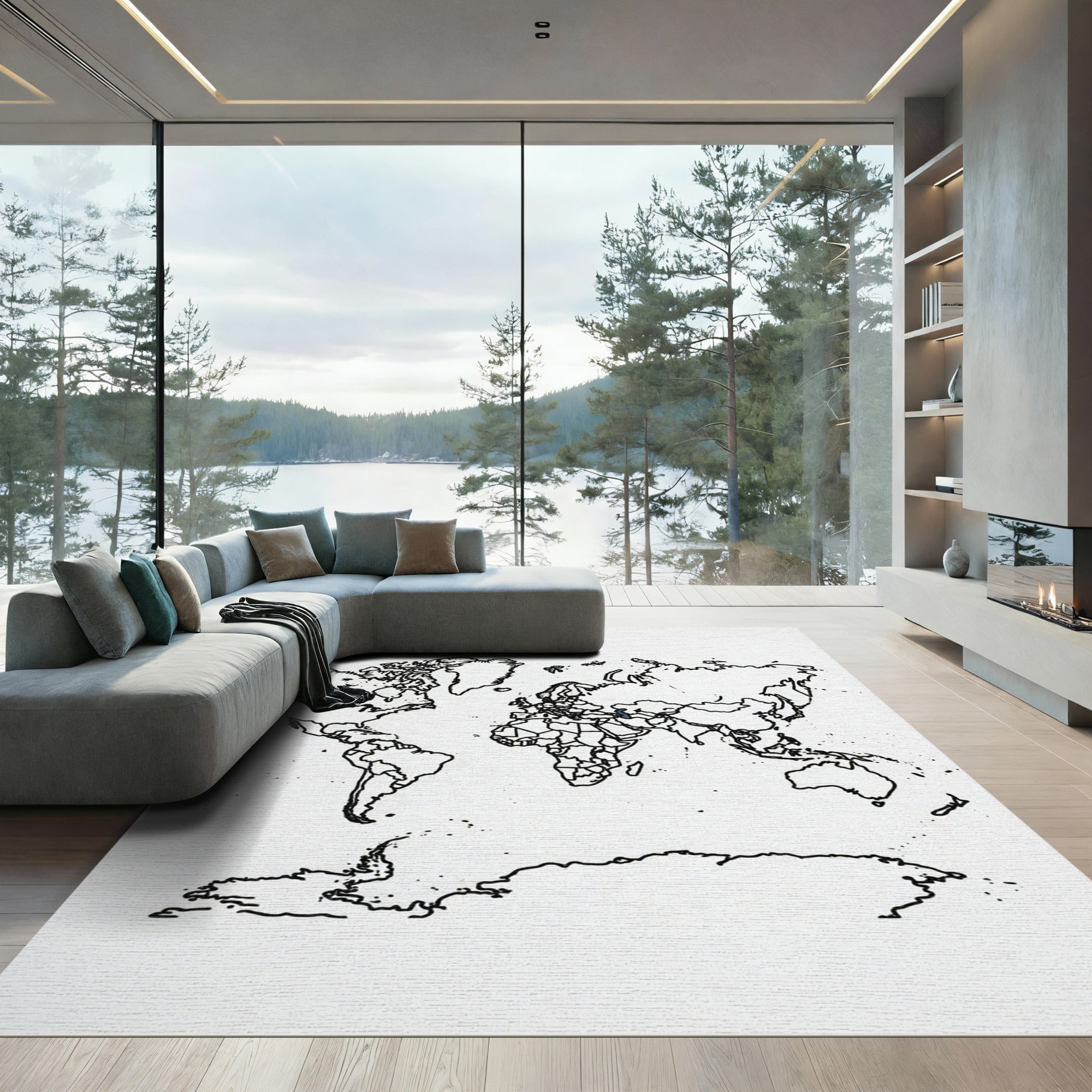 Minimalist Black Contour World Map Rug