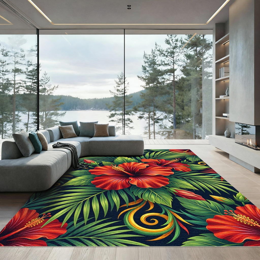 Vibrant Red Hibiscus Tropical Leaves Rug