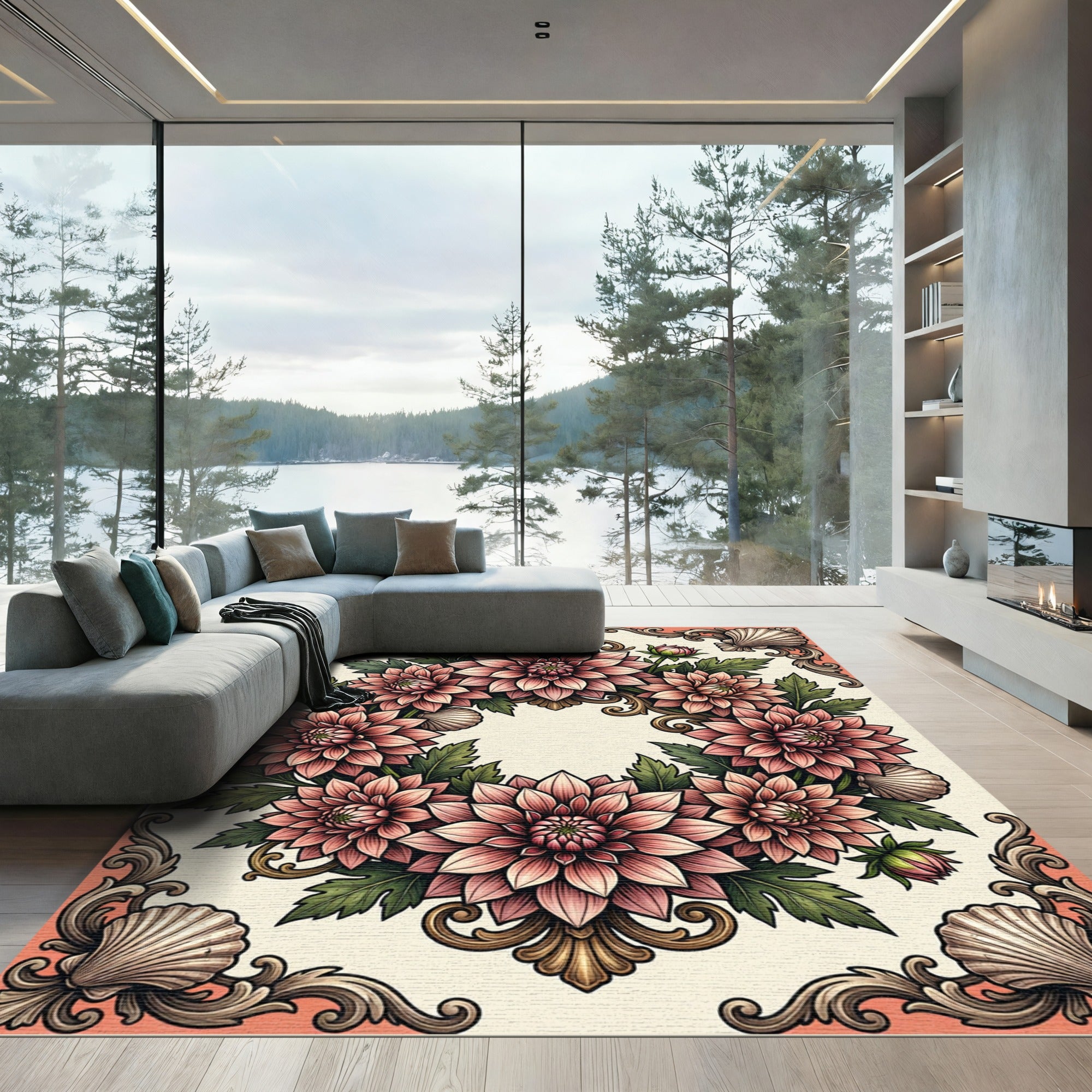 Vintage Blush Dahlia Wreath Seashell Rococo Rug