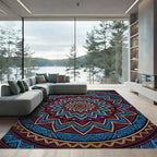 Maroon Blue Gold Sunburst Mandala Rug