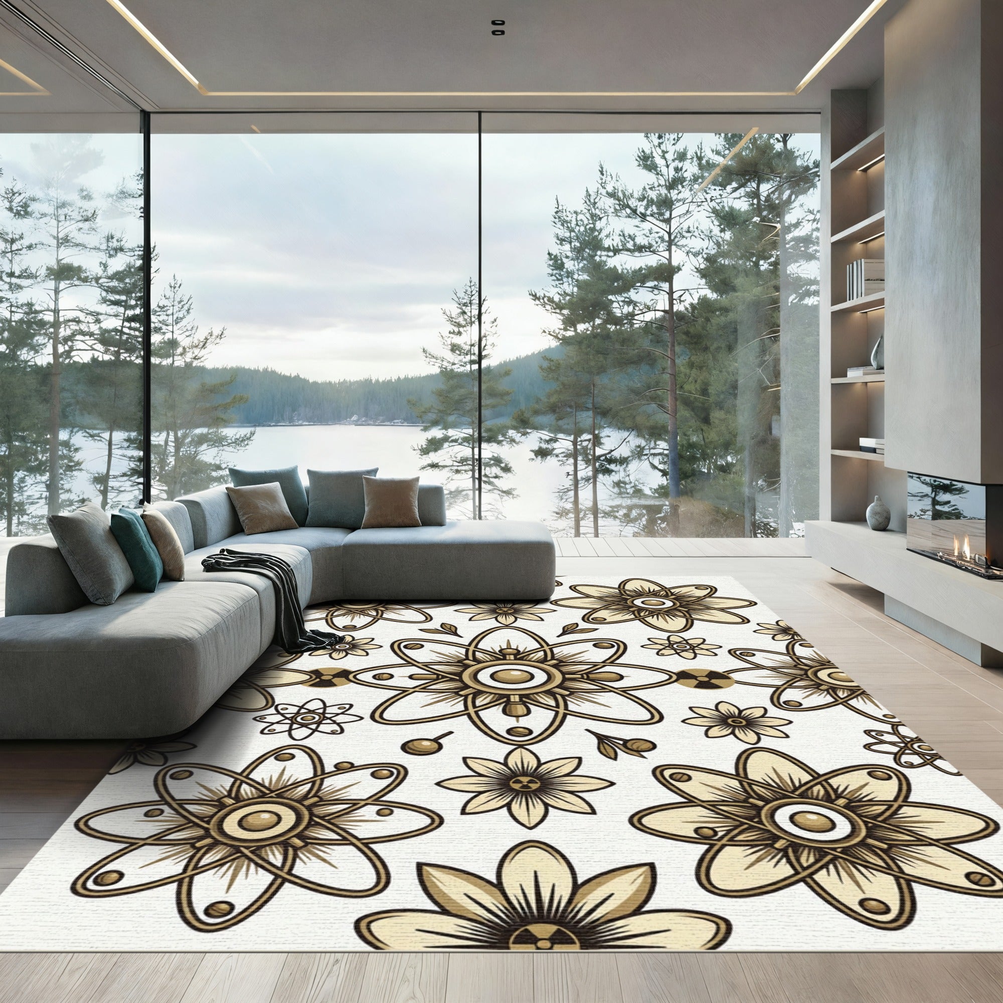 Golden Atomic Floral Symmetry Rug