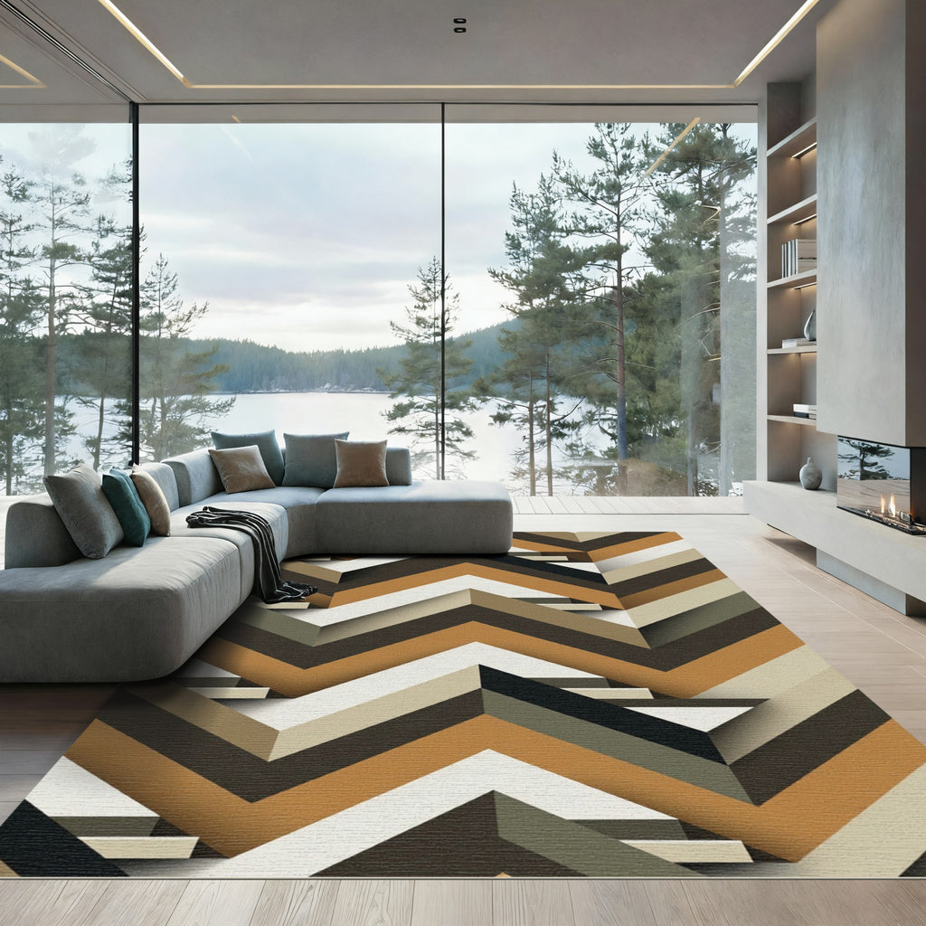 Geometric Ochre Chevron Angular Textured Rug