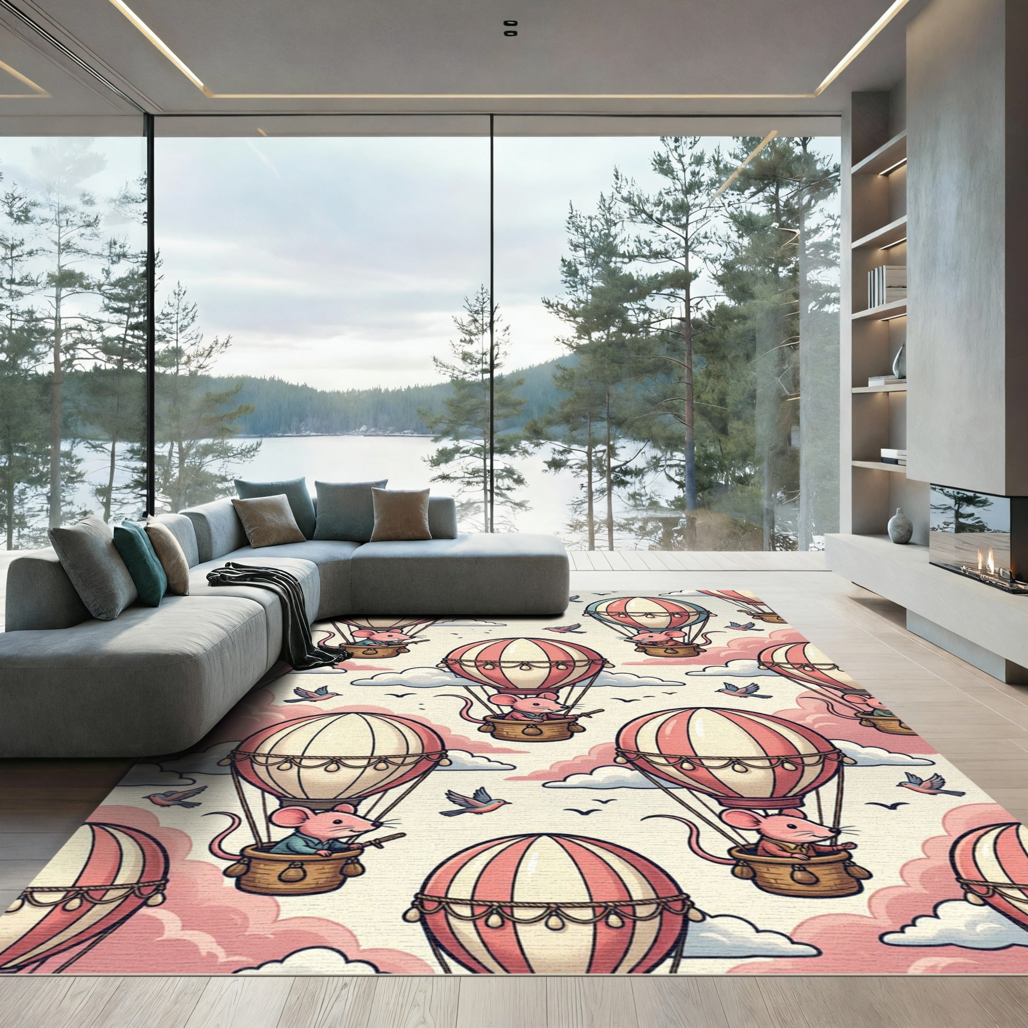 Whimsical Pink Mouse Hot Air Balloon Rug