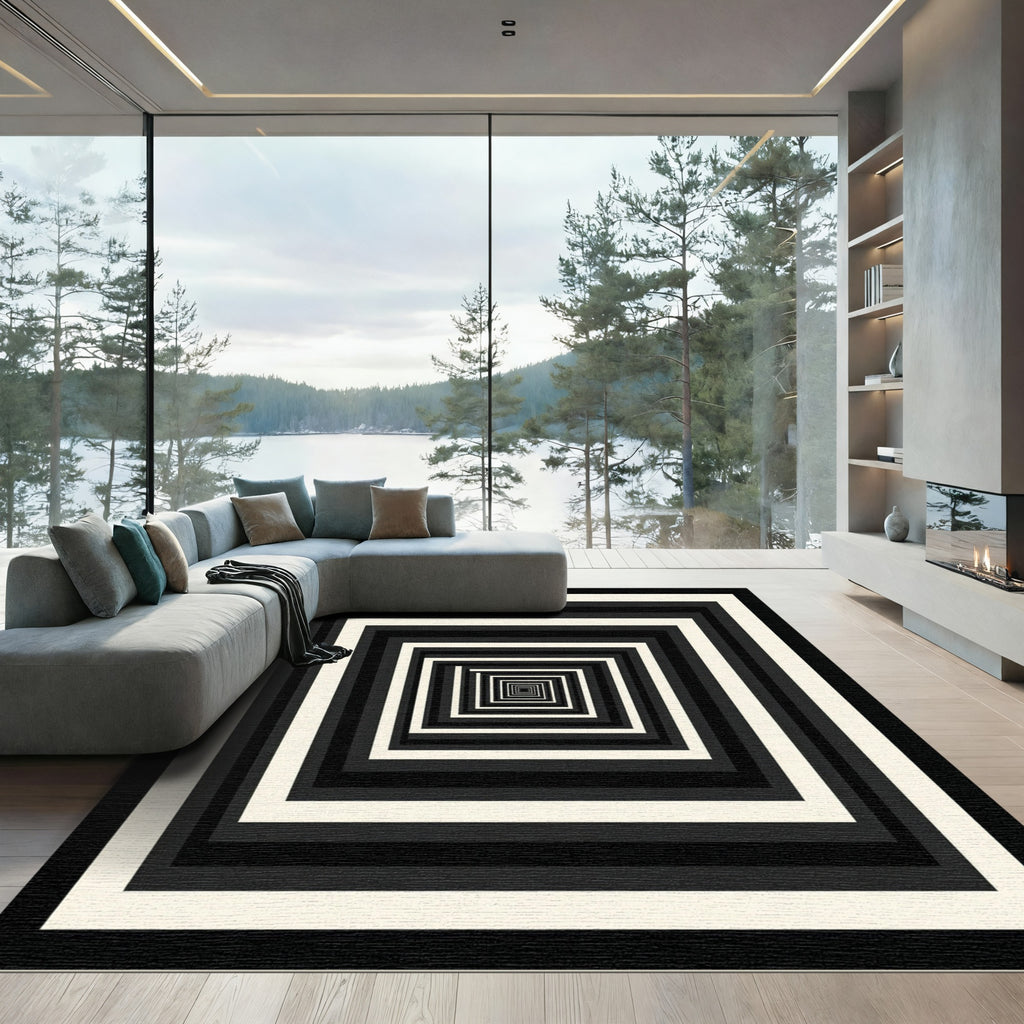 Minimalist Black and White Monochromatic Square Tunnel Rug