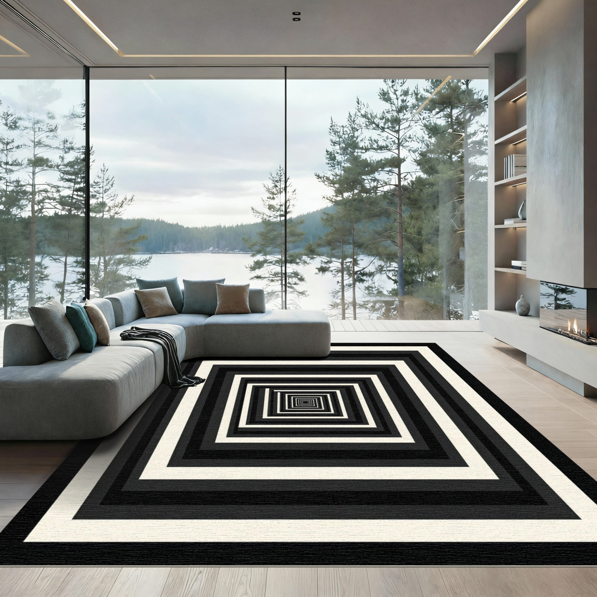 Minimalist Black and White Monochromatic Square Tunnel Rug