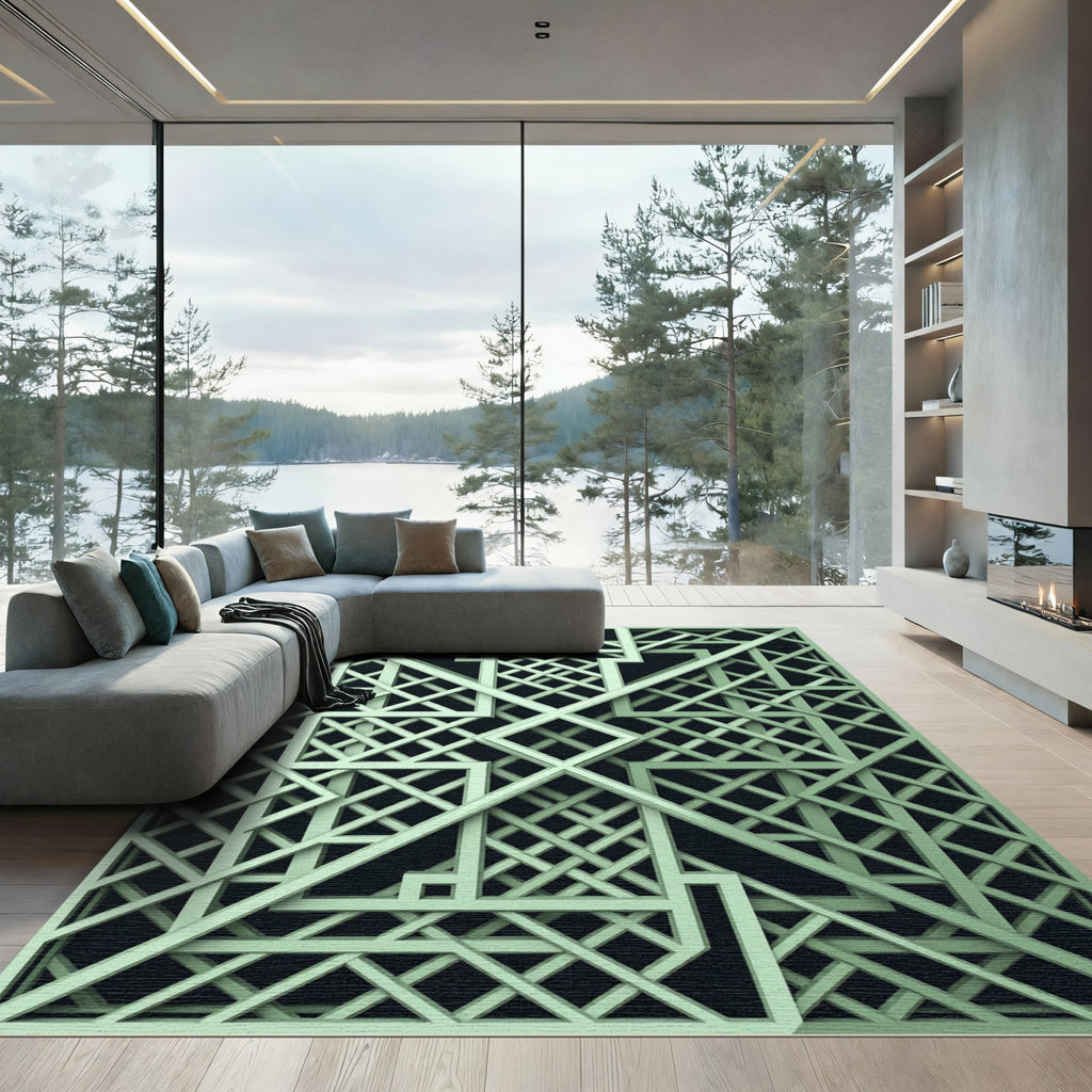 Sage Green Interlocking Linear Geometric Rug