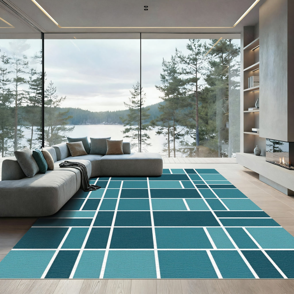 Teal Blue Geometric Grid Rug
