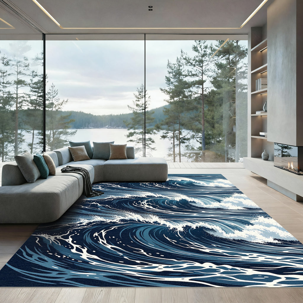 Dynamic Navy Blue Abstract Ocean Wave Rug