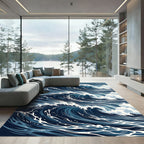 Dynamic Navy Blue Abstract Ocean Wave Rug