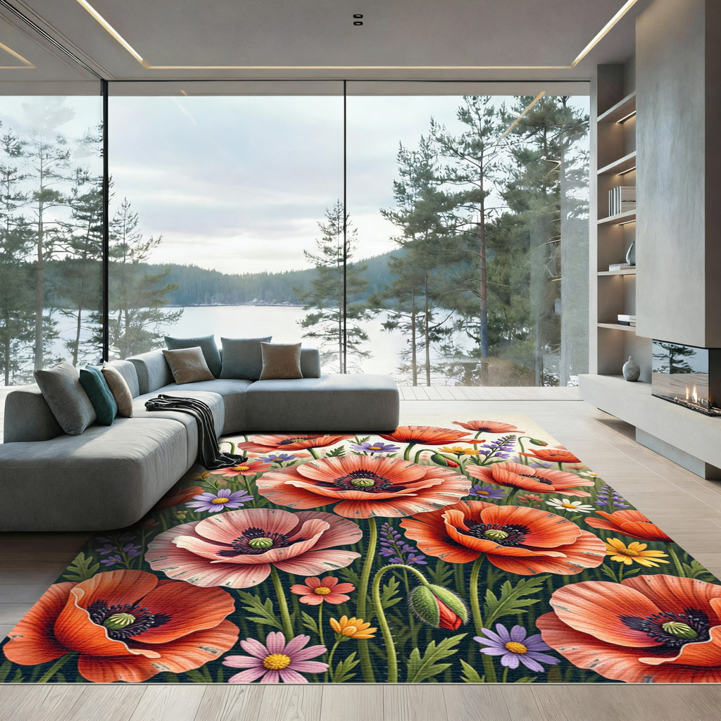 Vibrant Poppy Meadow Wildflower Field Rug