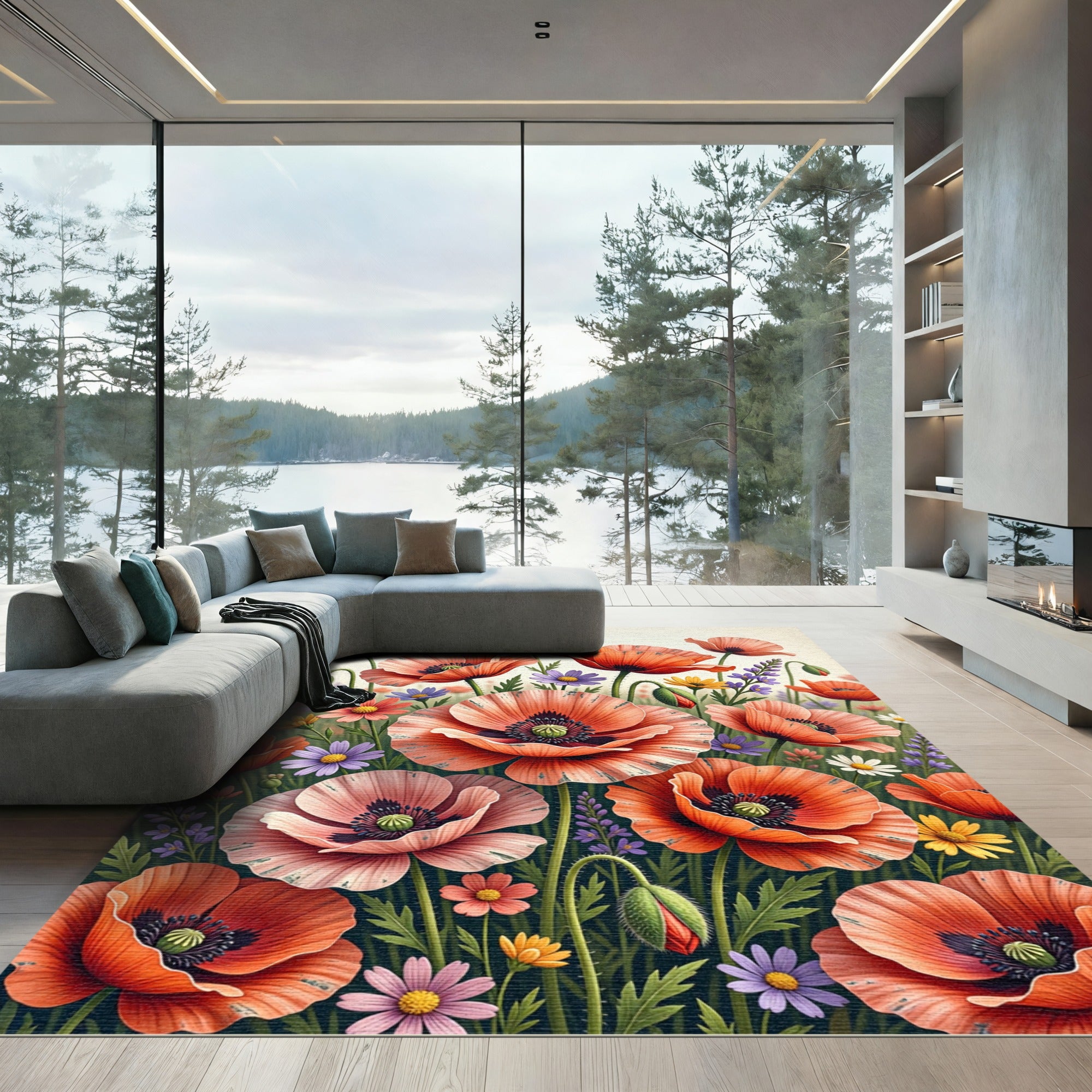 Vibrant Poppy Meadow Wildflower Field Rug